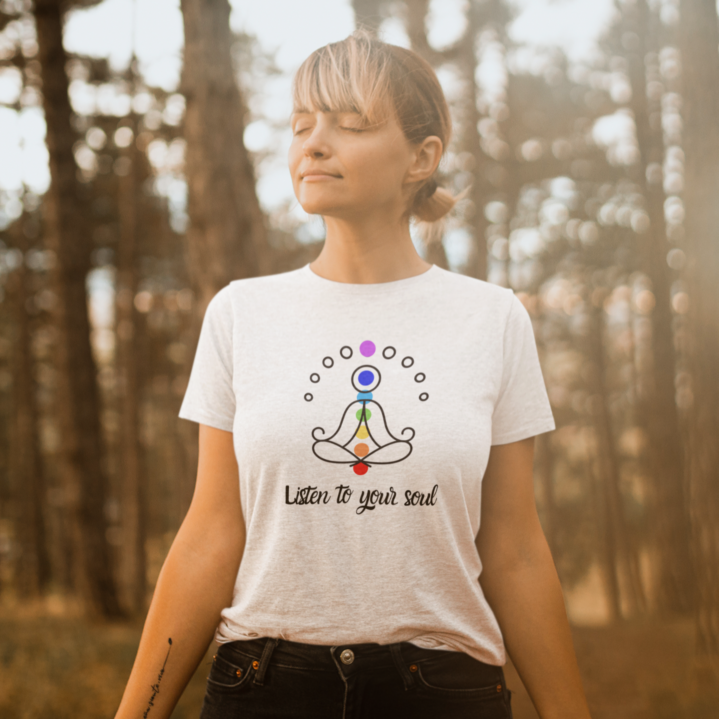 Story of Awakening Lifestyle Community Spirituality Relationships Love Light Meditation Oneness Earth Balance Healing Shop Store Charity Tree Nature Read Write T shirt Tops Tees Clothing Women Horoscope Organic Cotton Listen To Your Soul Quote