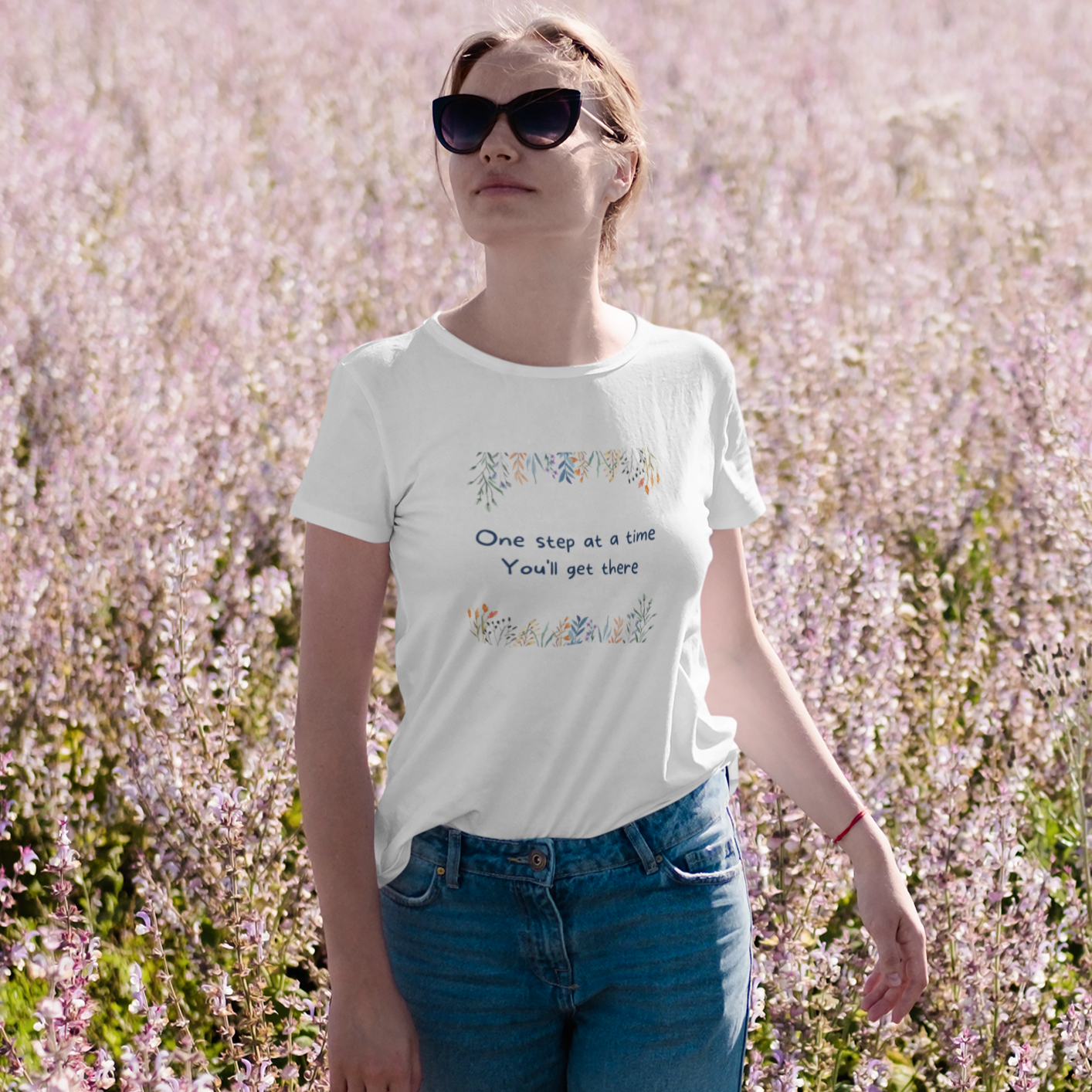 Story of Awakening Lifestyle Community Spirituality Relationships Love Light Meditation Oneness Earth Balance Healing Shop Store Charity Tree Nature Read Write T shirt Tops Tees Clothing Women Horoscope Organic Cotton One Step At A Time Youll Get There Quote