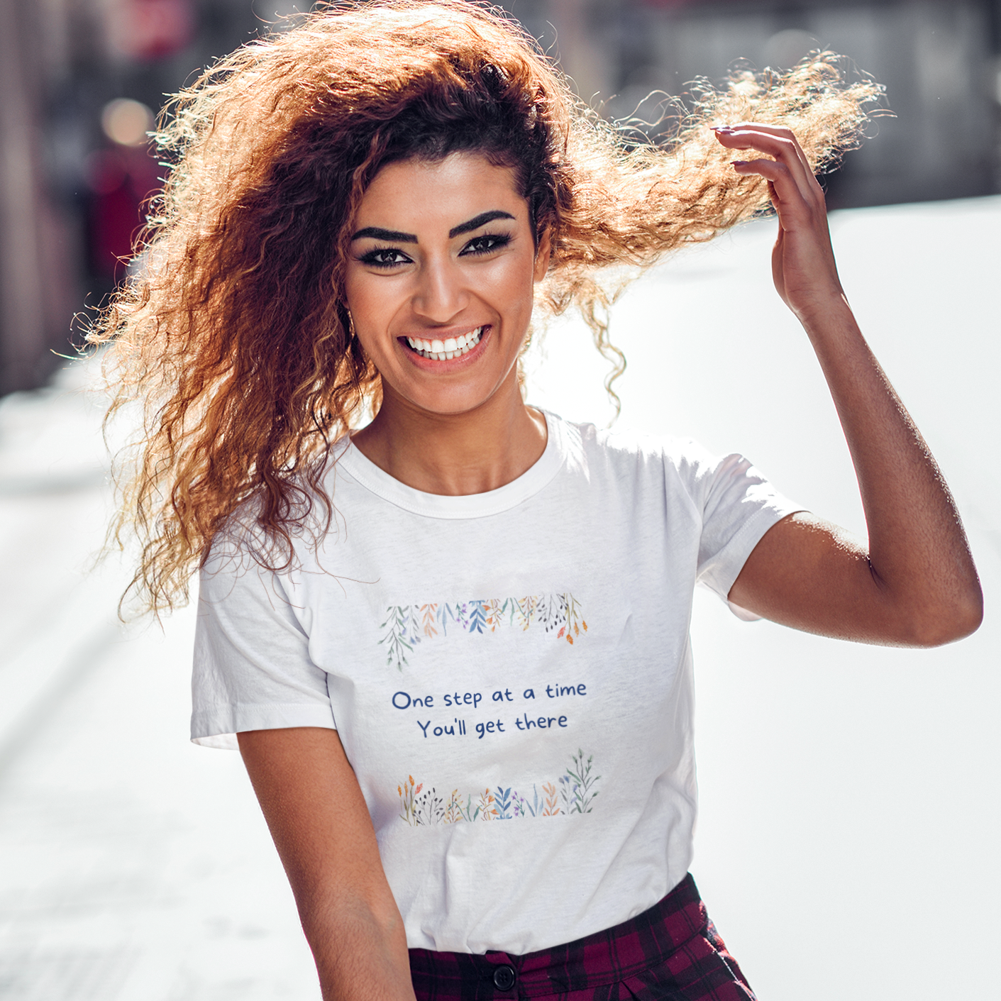 Story of Awakening Lifestyle Community Spirituality Relationships Love Light Meditation Oneness Earth Balance Healing Shop Store Charity Tree Nature Read Write T shirt Tops Tees Clothing Women Horoscope Organic Cotton One Step At A Time Youll Get There Quote