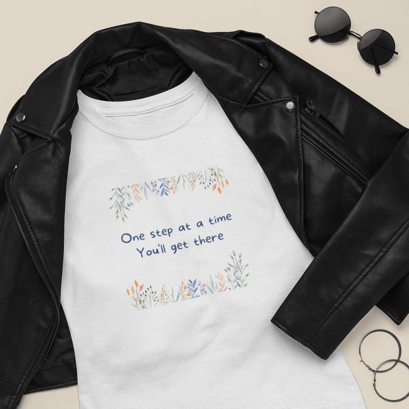 Story of Awakening Lifestyle Community Spirituality Relationships Love Light Meditation Oneness Earth Balance Healing Shop Store Charity Tree Nature Read Write T shirt Tops Tees Clothing Women Horoscope Organic Cotton One Step At A Time Youll Get There Quote