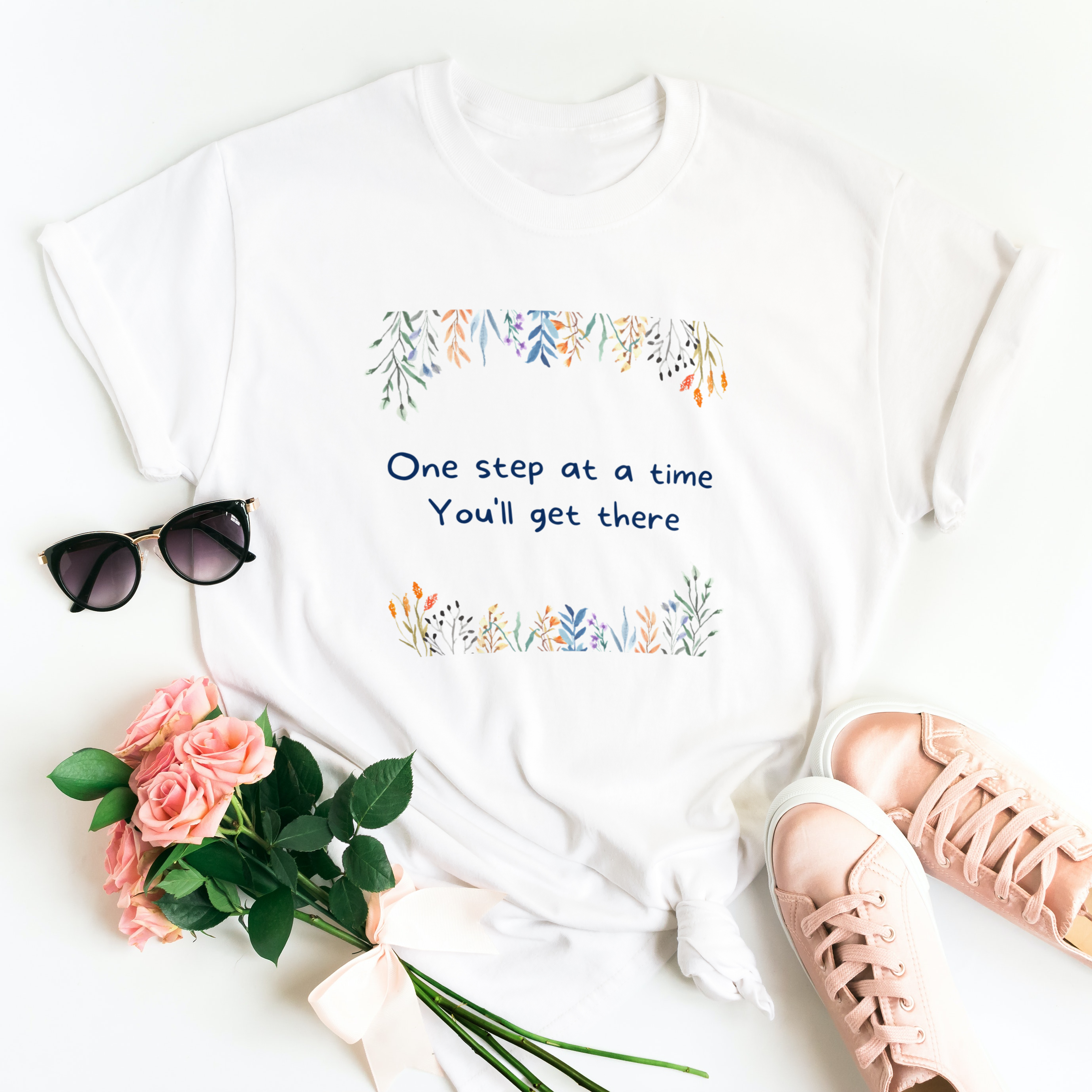 Story of Awakening Lifestyle Community Spirituality Relationships Love Light Meditation Oneness Earth Balance Healing Shop Store Charity Tree Nature Read Write T shirt Tops Tees Clothing Women Horoscope Organic Cotton One Step At A Time Youll Get There Quote