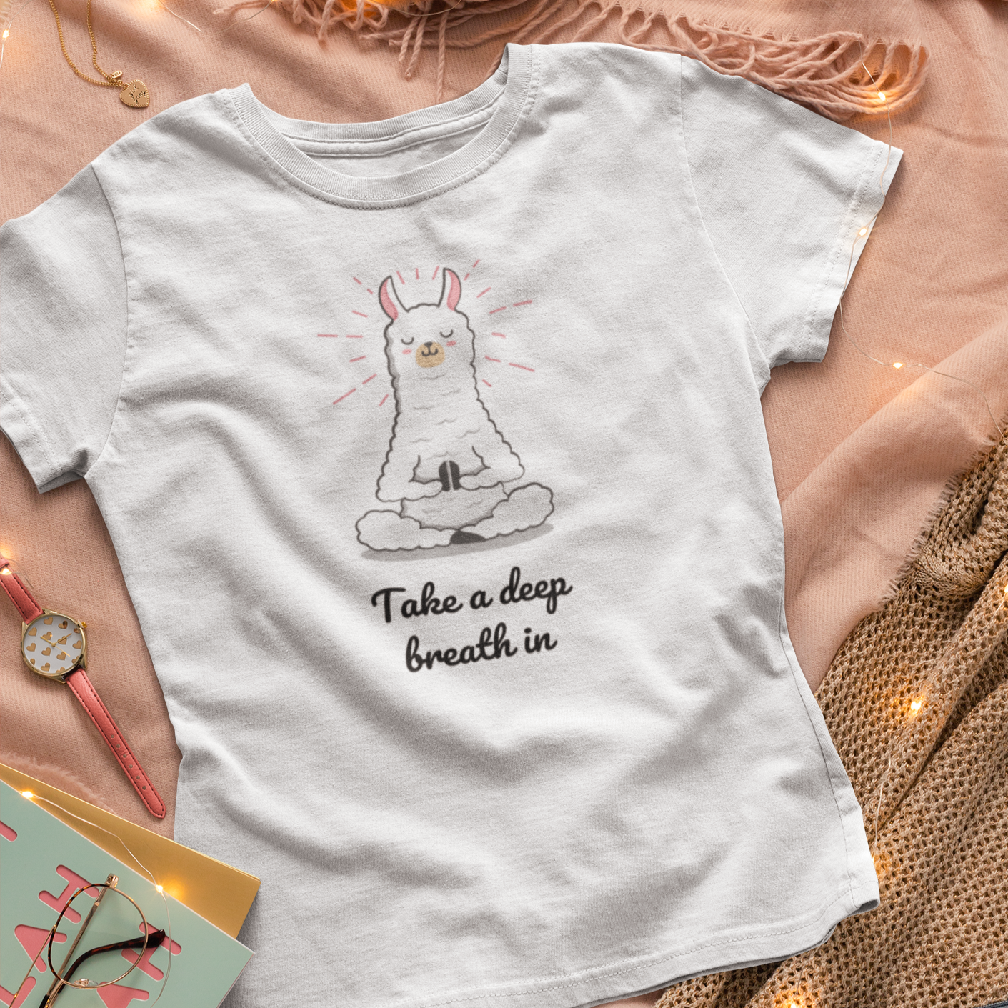 Story of Awakening Lifestyle Community Spirituality Relationships Love Light Meditation Oneness Earth Balance Healing Shop Store Charity Tree Nature Read Write T shirt Tops Tees Clothing Women Horoscope Organic Cotton Take A Deep Breath In Lama Quote