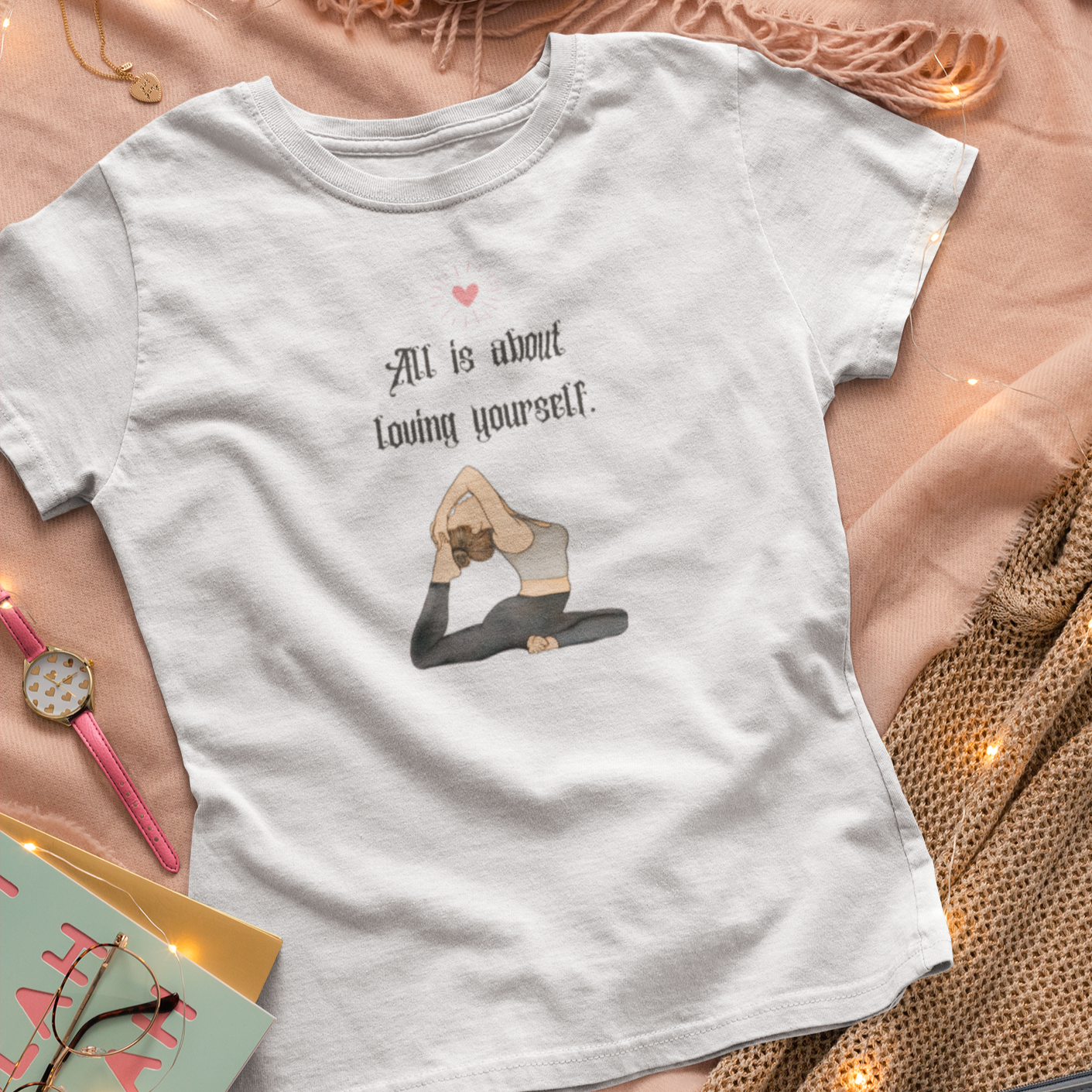 Story of Awakening Lifestyle Community Spirituality Relationships Love Light Meditation Oneness Earth Balance Healing Shop Store Charity Tree Nature Read Write T shirt Tops Tees Clothing Women Horoscope Organic Cotton All Is About Loving Yourself Quote