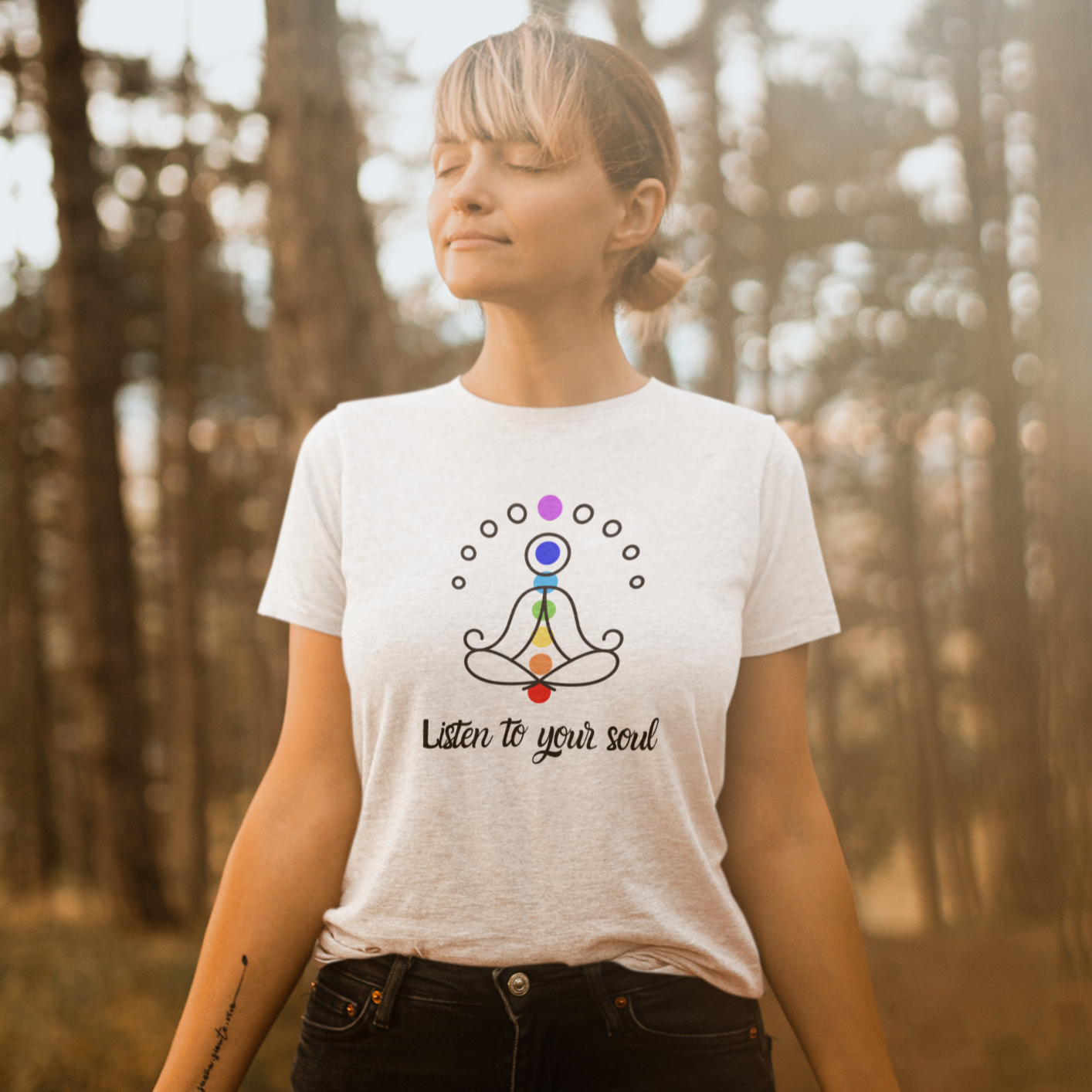 Story of Awakening Lifestyle Community Spirituality Relationships Love Light Meditation Oneness Earth Balance Healing Shop Store Charity Tree Nature Read Write T shirt Tops Tees Clothing Women Horoscope Organic Cotton Listen To Your Soul Quote