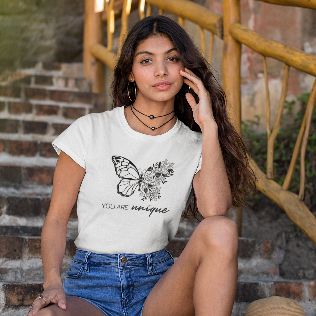 Story of Awakening Lifestyle Community Spirituality Relationships Love Light Meditation Oneness Earth Balance Healing Shop Store Charity Tree Nature Read Write T shirt Tops Tees Clothing Women Horoscope Organic Cotton You Are Unique Butterfly Quote